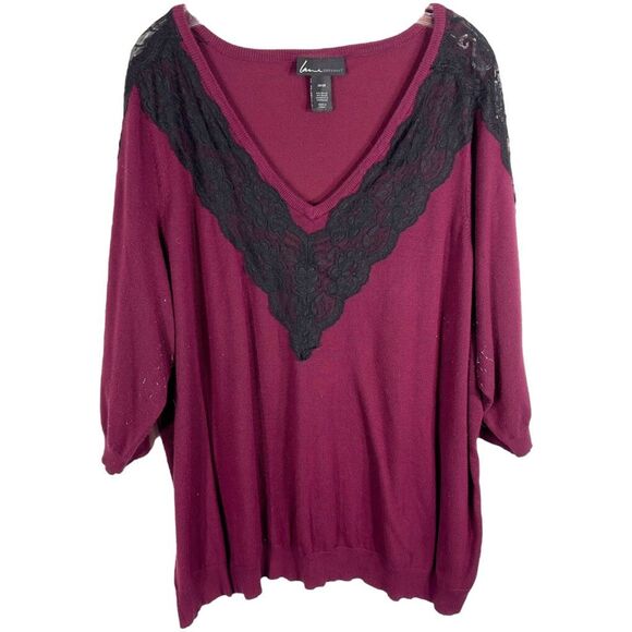 Lane Bryant Plus Size 26 28‎ Top Knit Burgundy Black Lace Sweater V Neck 639 - Picture 9 of 10